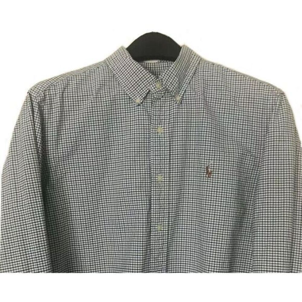 Ralph Lauren Men's Large Long‎ Sleeve Button Pony Shirt Blue Green Check *Stain